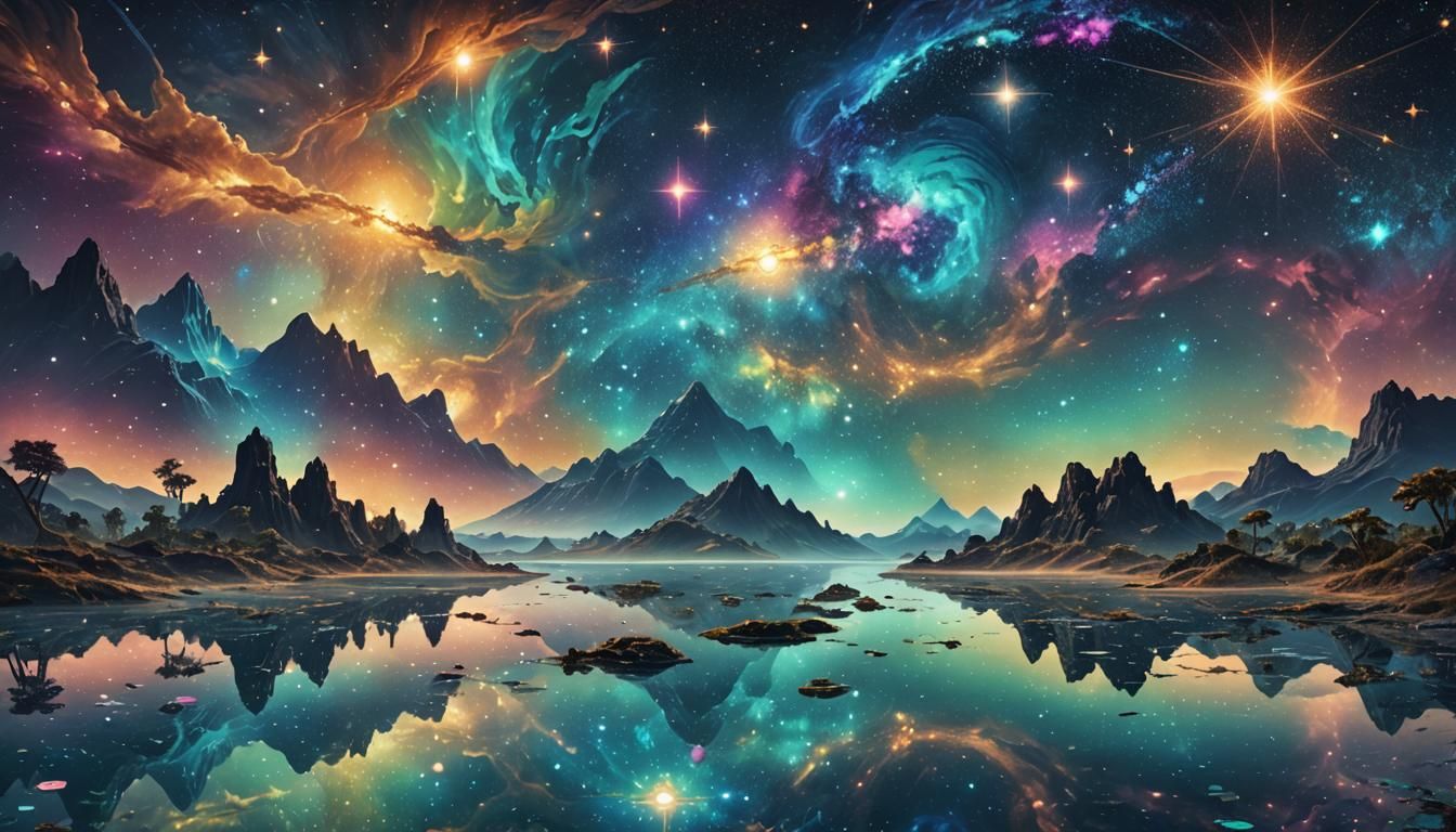 Magical Lagoon Reflecting Galaxy: Holographic Astral Illustr...