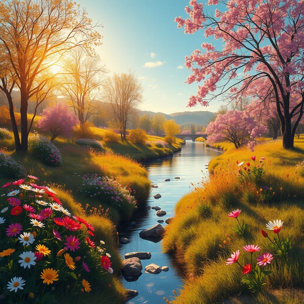 Lush Spring Riverbank Scene in Vibrant Colors and Golden Lig...