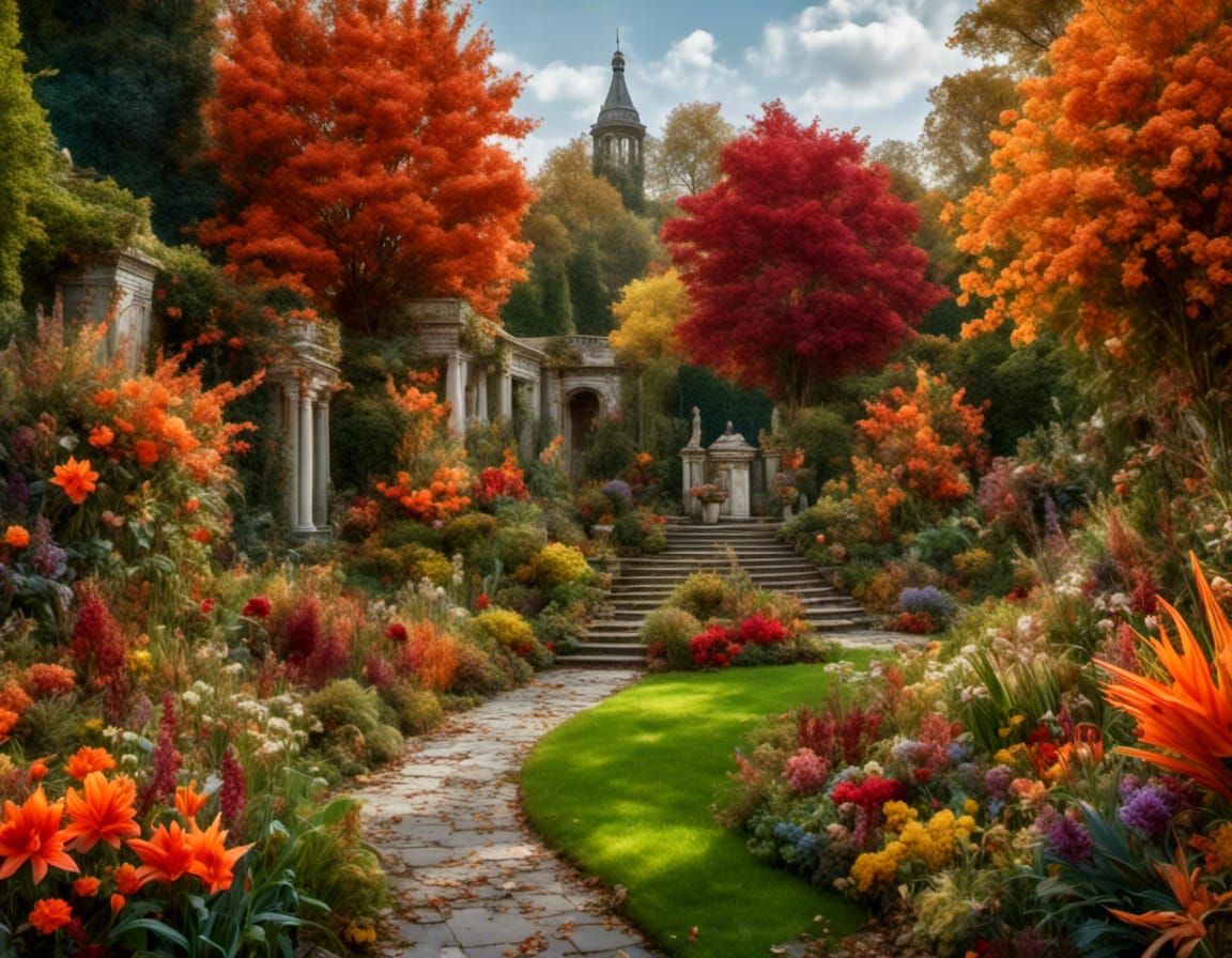 Autumnal Palladian Garden with Vibrant Flowers