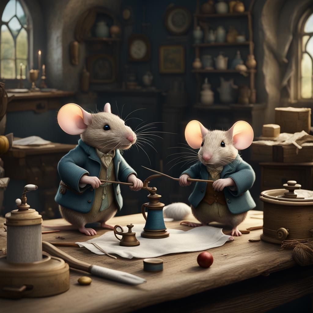 Beatrix Potter Style: Two Mice Sewing