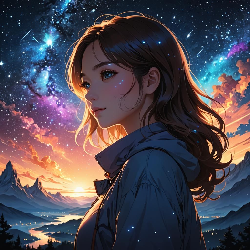 Beautiful Woman in Cosmic Frame: Anime Illustration