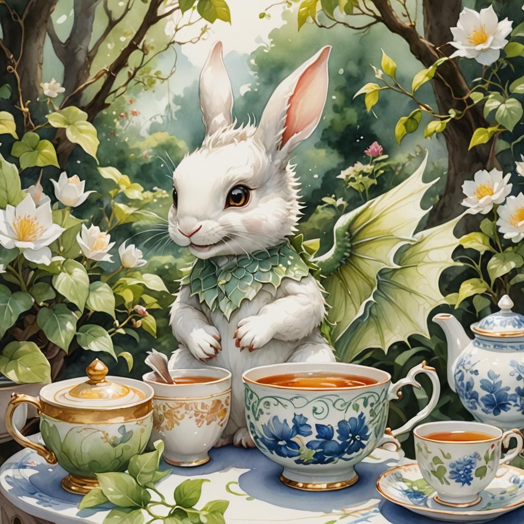 Dragon and Bunny Tea Party Watercolor Painting