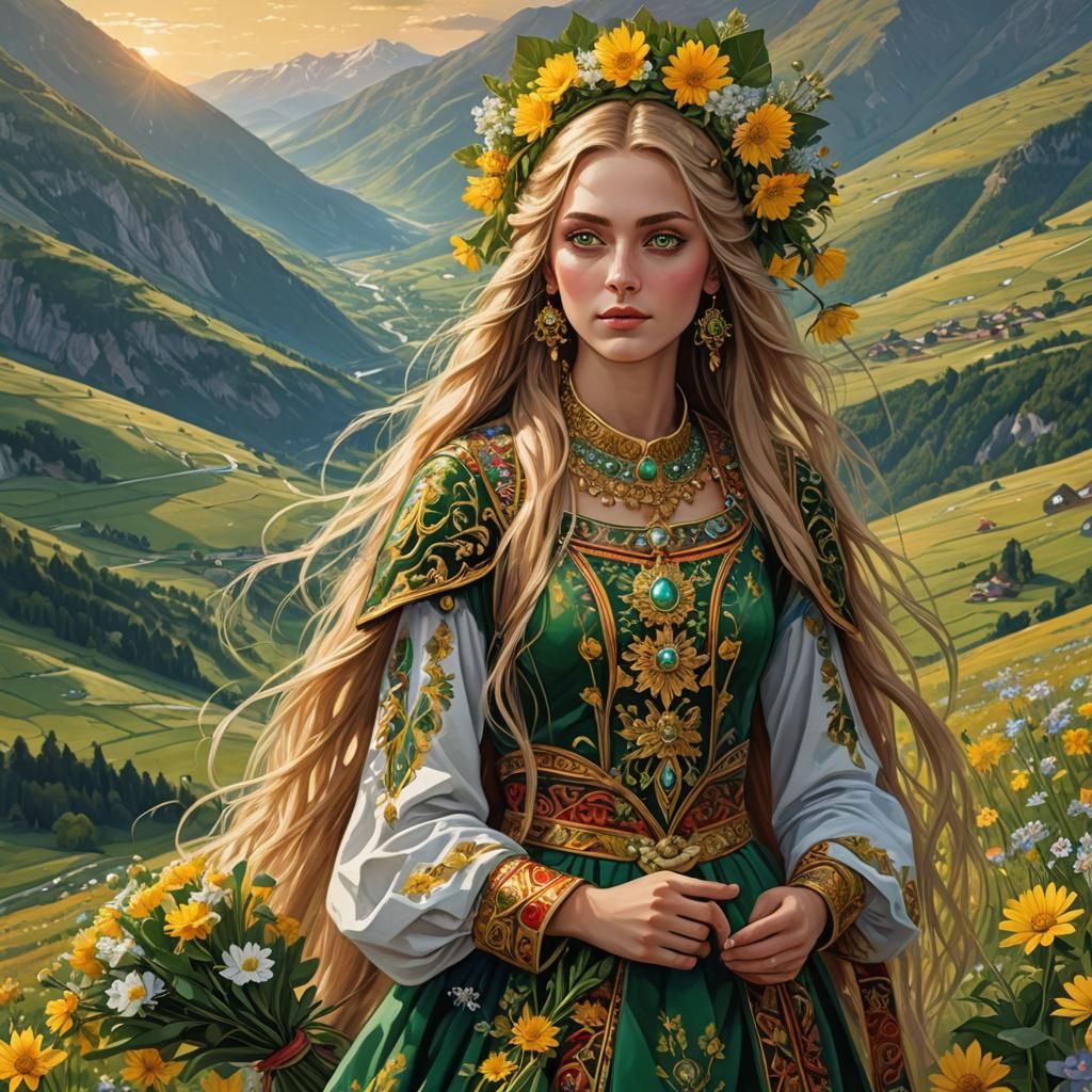 very beautiful girl with very long golden hair and big green eyes, dressed in Bulgarian national costume, standing in th...