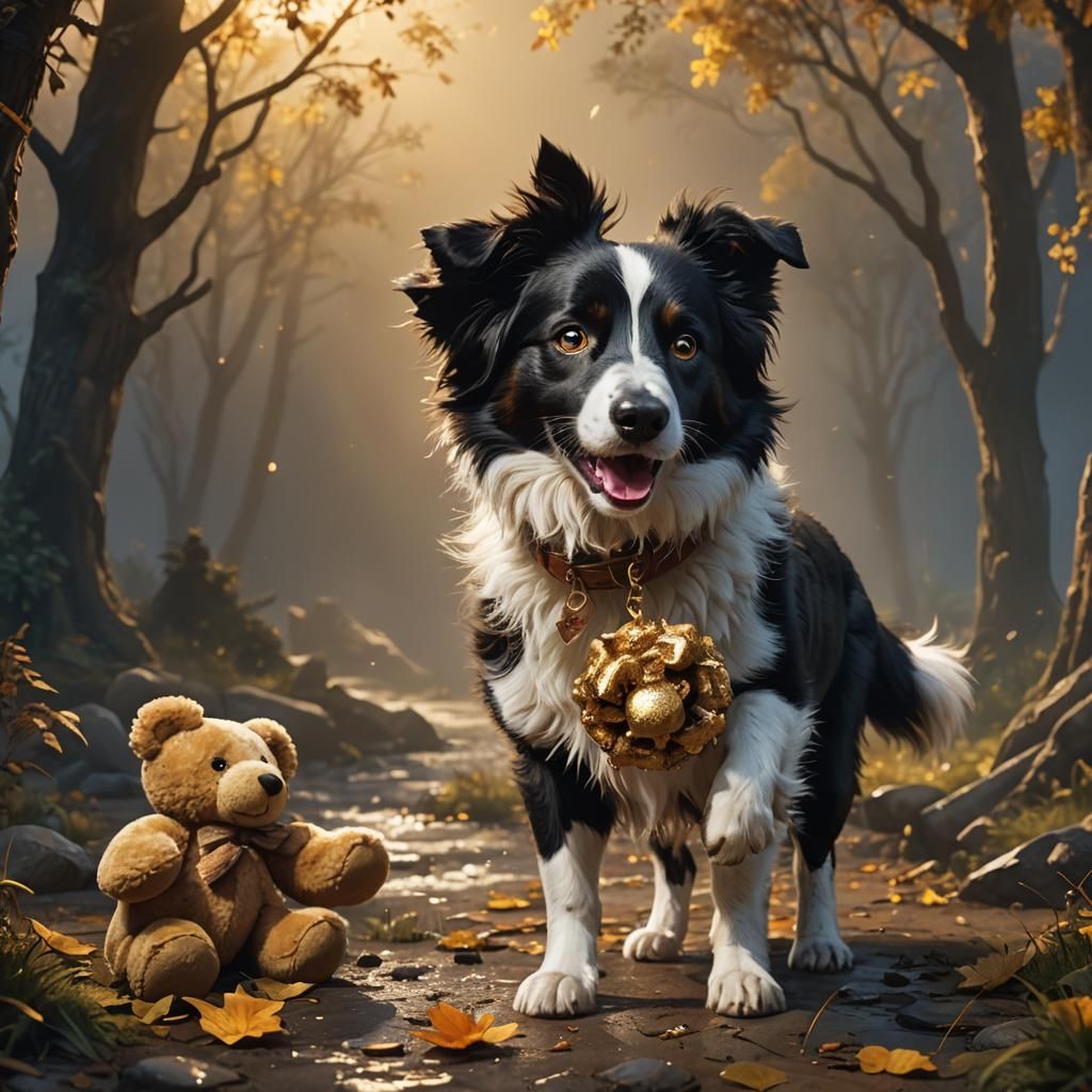 Adorable Border Collie with Teddy Bear, Digital Art