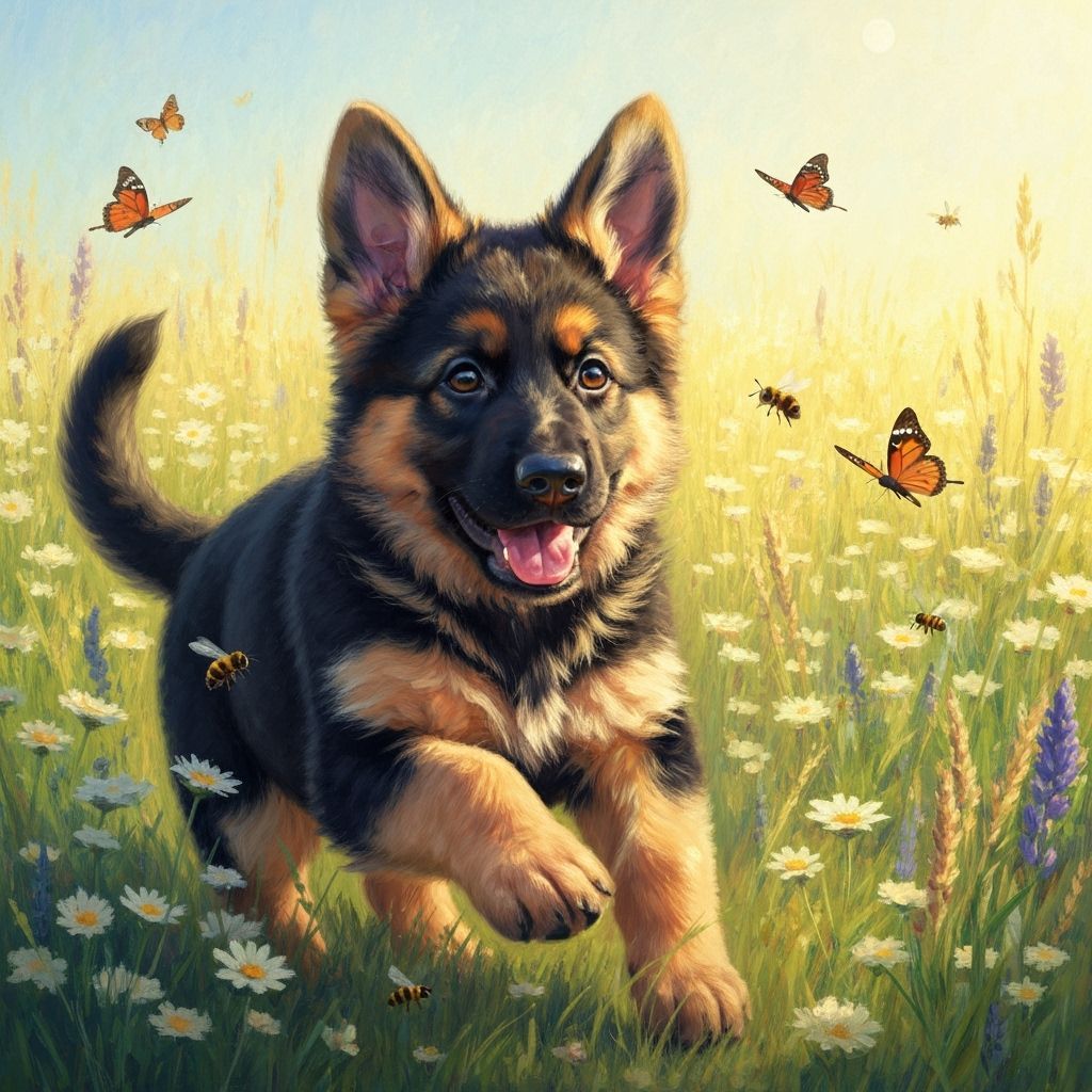 A joyful German Shepherd puppy frolicking in a field of wild...
