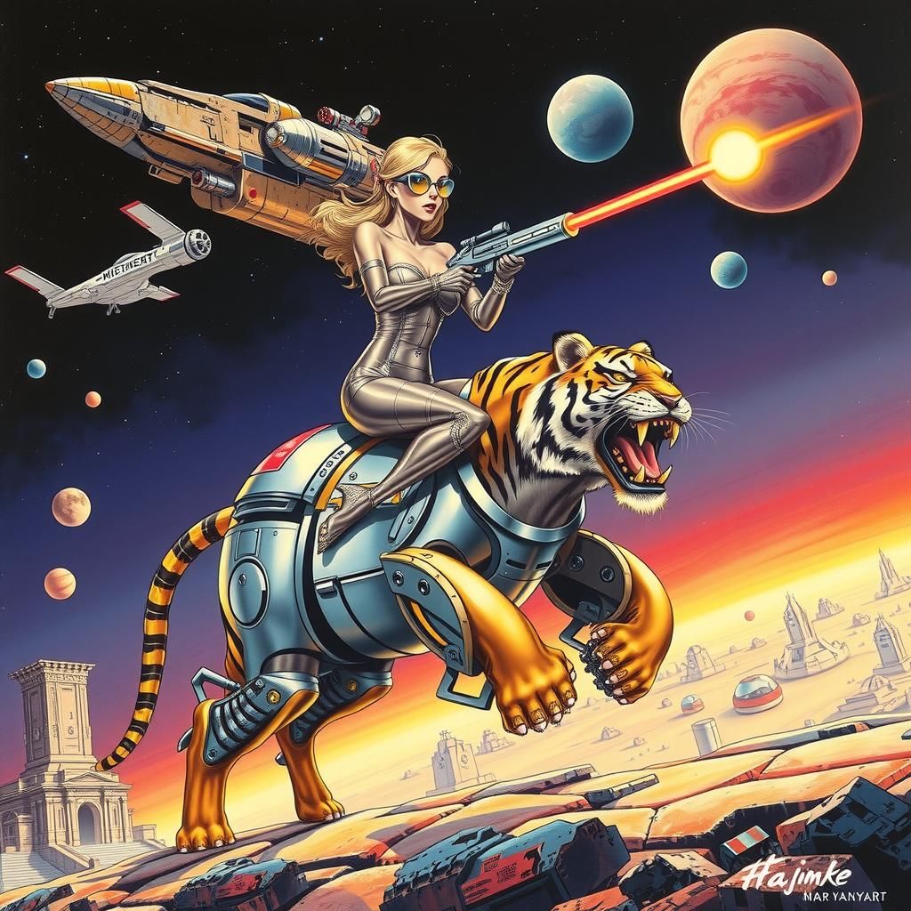Cyberpunk Pin-Up Rides Robotic Tiger in Space