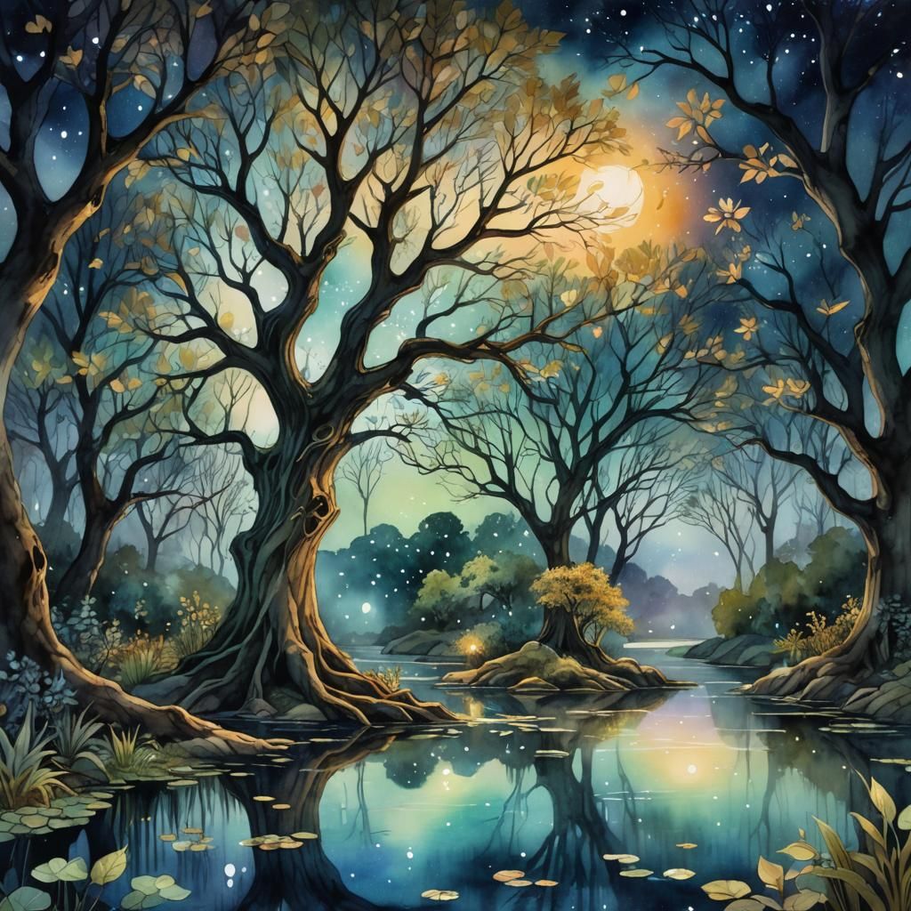 Enchanted Grove of Lumina: Dreamy Watercolor Painting