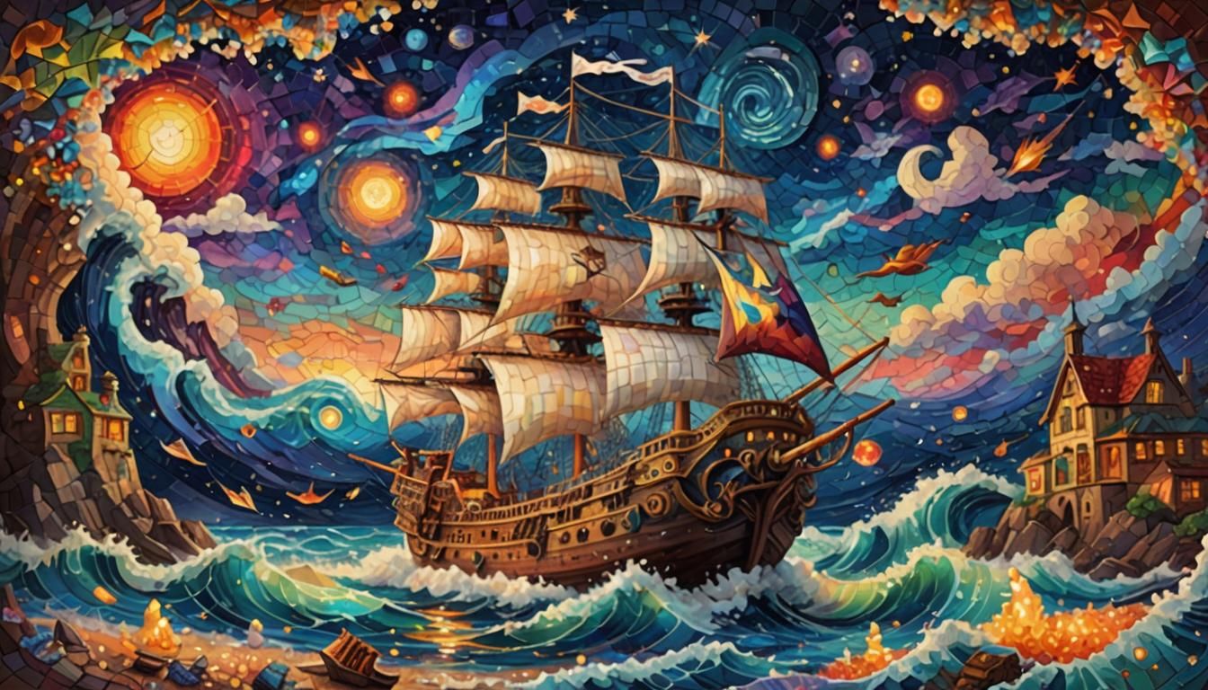 Psychedelic Mosaic Pirate Ship on Ocean Waves