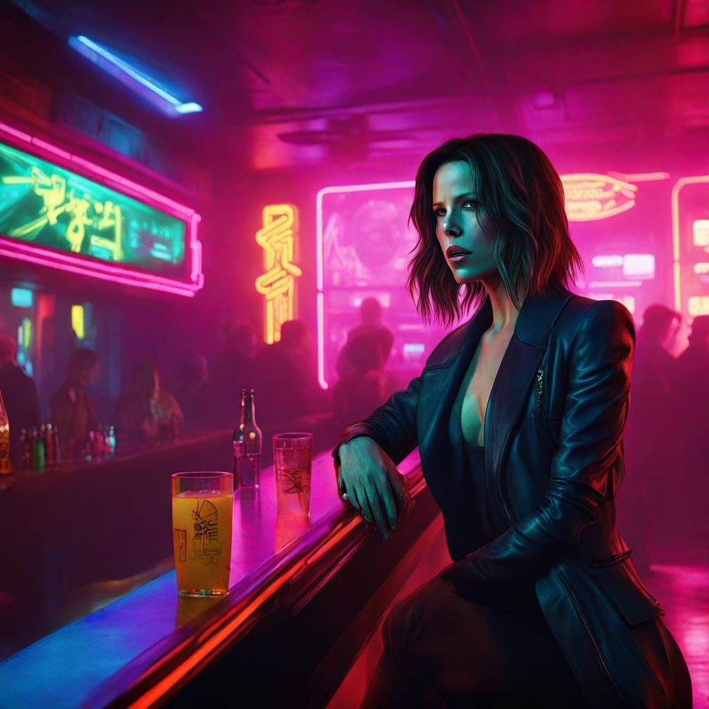Cyberpunk Bar Scene with Woman in Neon Light