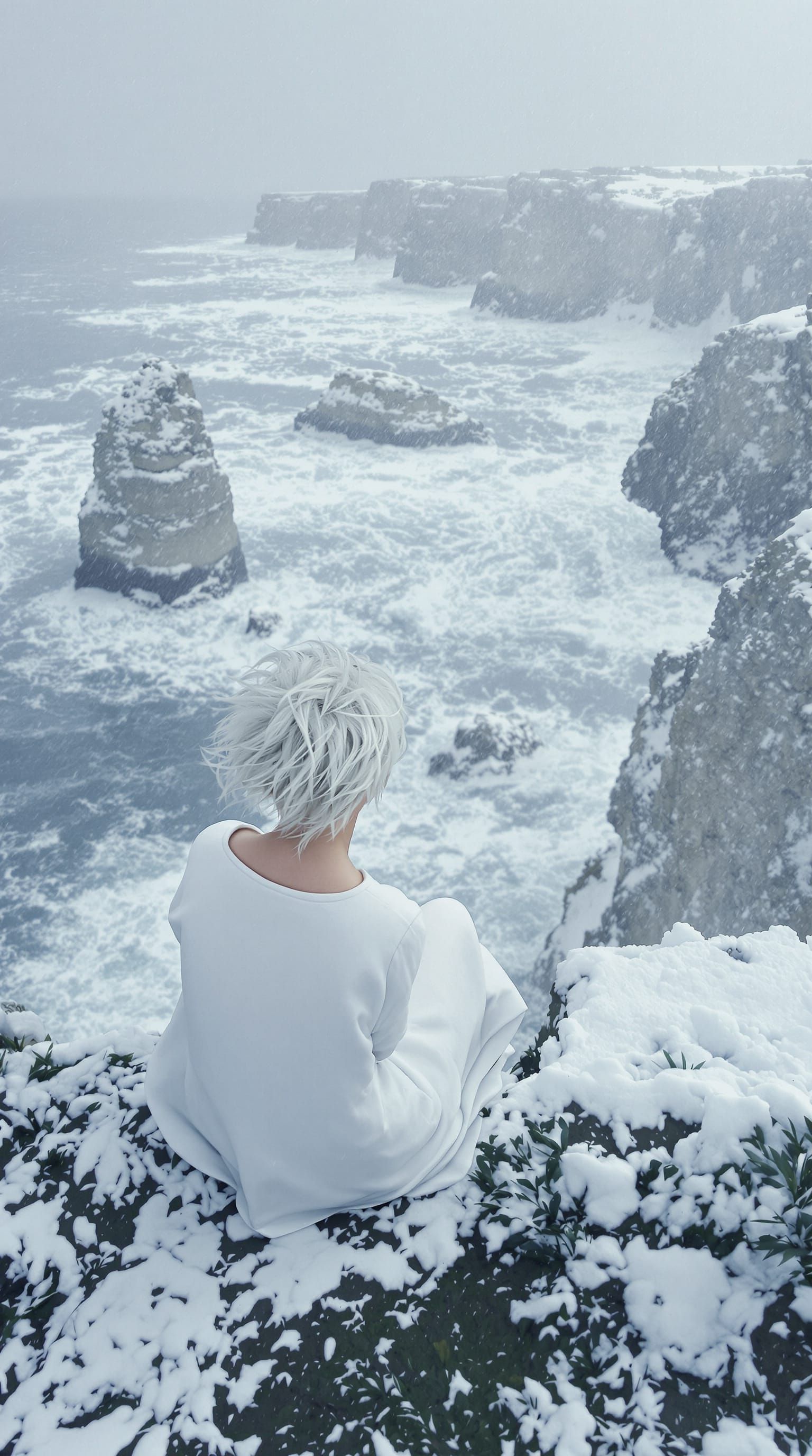 Albino Woman on Snowy Cliffs in Blizzard