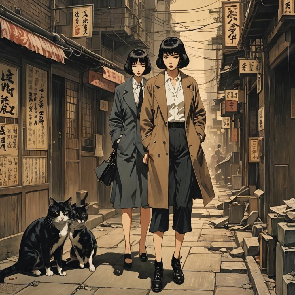 16k resolution, Lesbian Pulp Fiction meets Taisho-era crime noir, art by Goyo Hashiguchi, Takabatake Kasho. Dynamic dete...