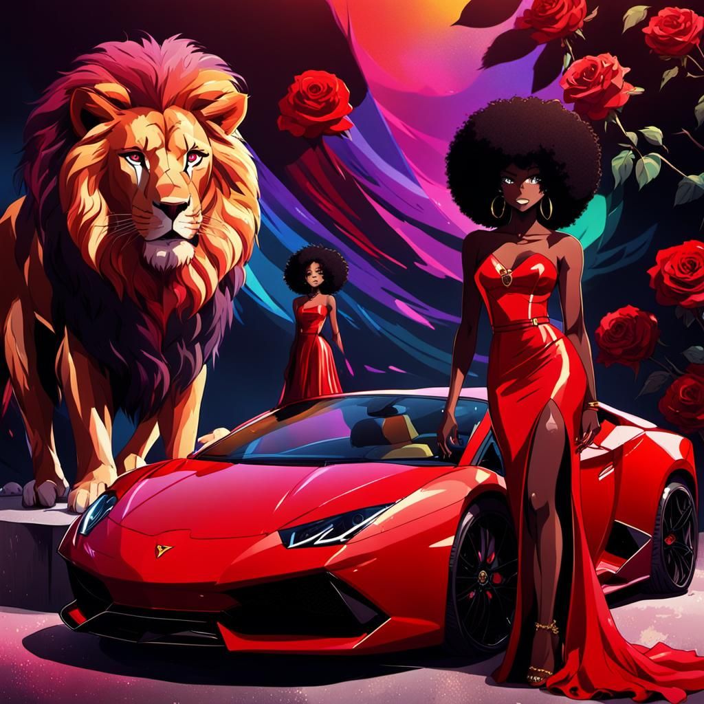 Stunning Anime Girl with Lamborghini and Lion