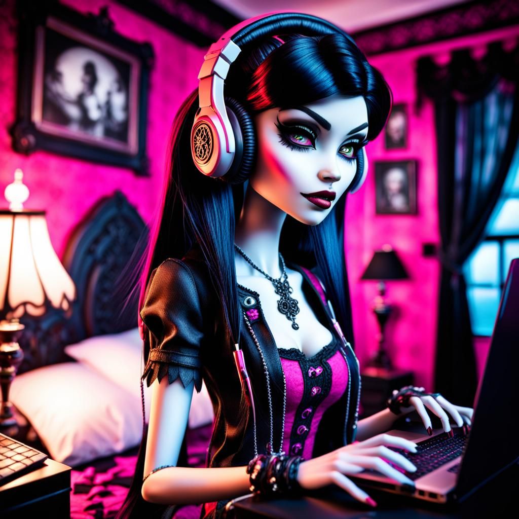 emo monster high draculaura playing using laptop wearing hea...