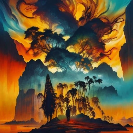 Surreal Caveman & Modern People Double Exposure Oil Painting