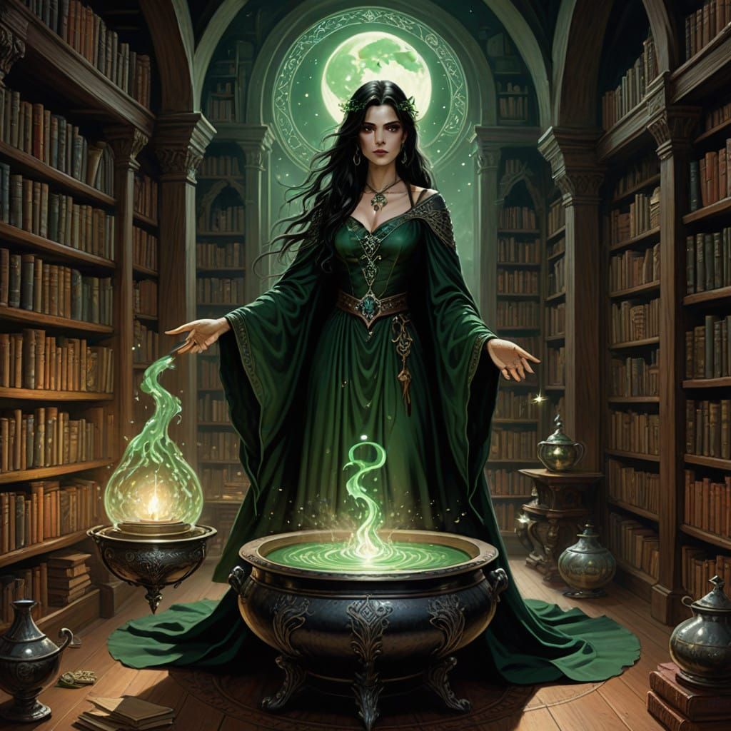 Mystical Witch Conjured in Emerald Green Gown, Standing Over...