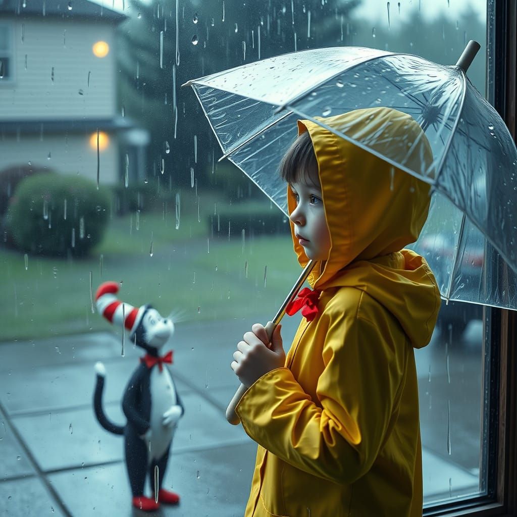 Sorrowful Girl in Rainy Day Scene with Distorted Cat in the...