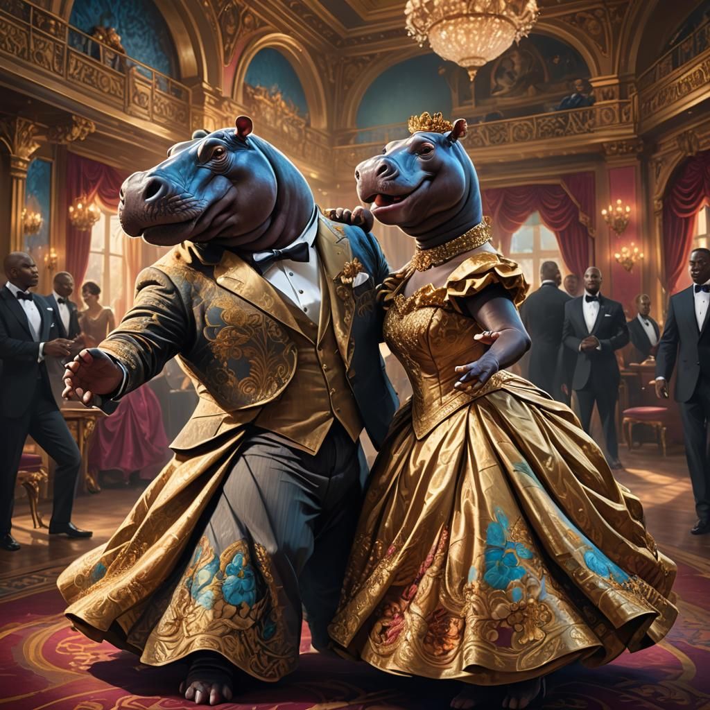Hippos Dancing in Lavish Ballroom: Hyperrealistic Concept Ar...