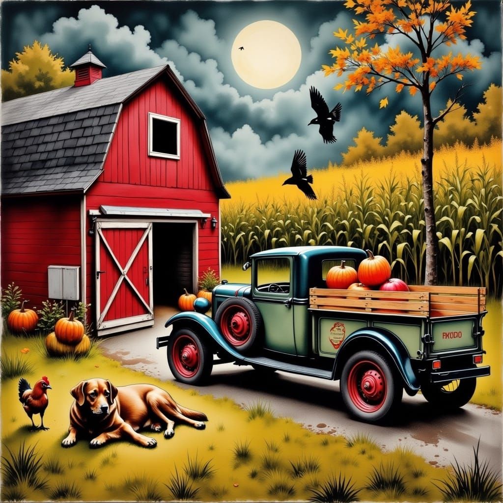 Autumn Barn Scene in Rockwell Style