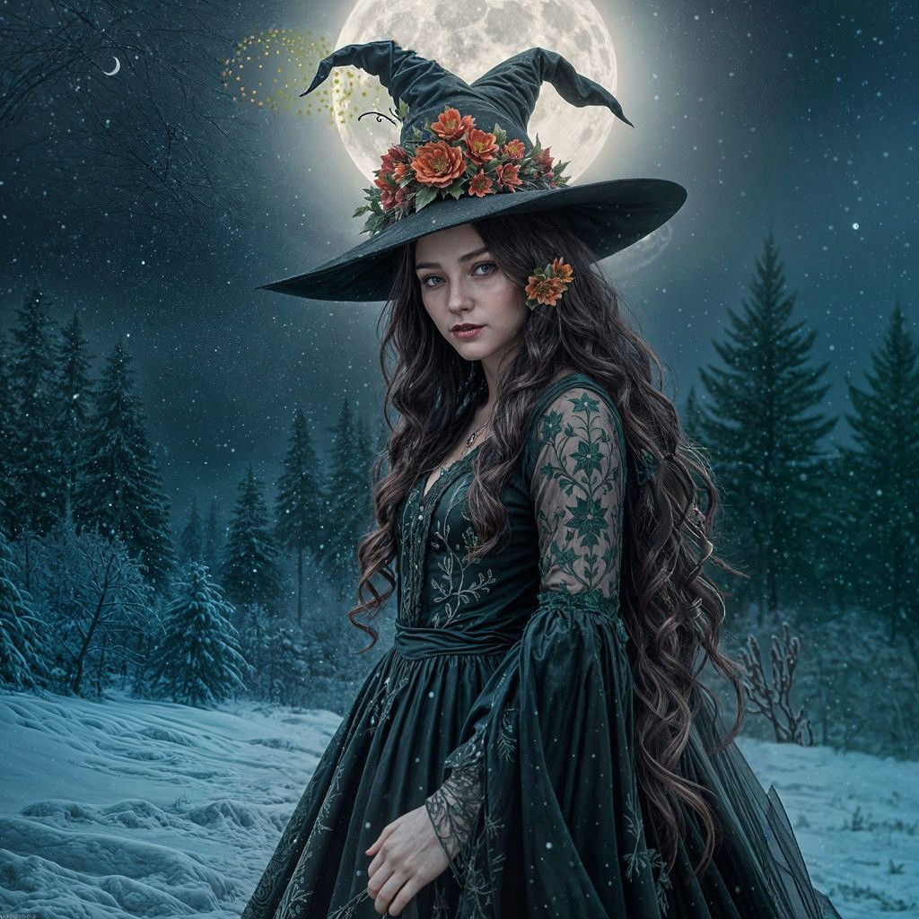 Christmas Witch in Enchanted Moonlit Scene