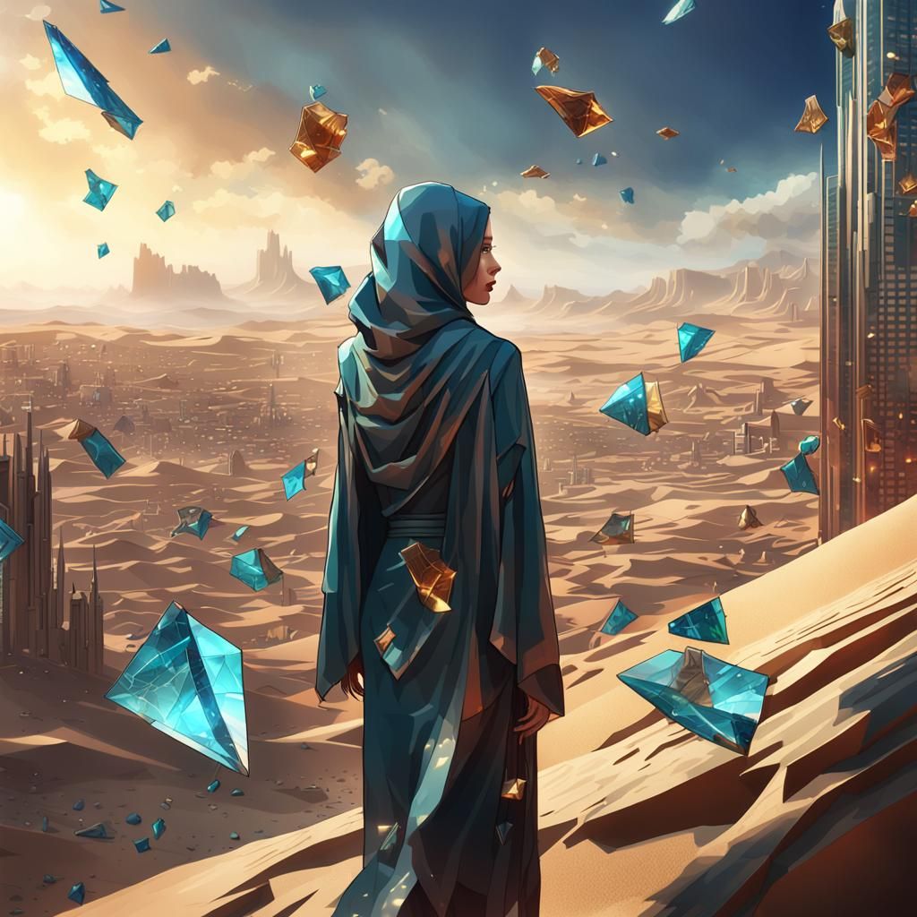 Futuristic Woman Falling in Desert City, Matte Painting