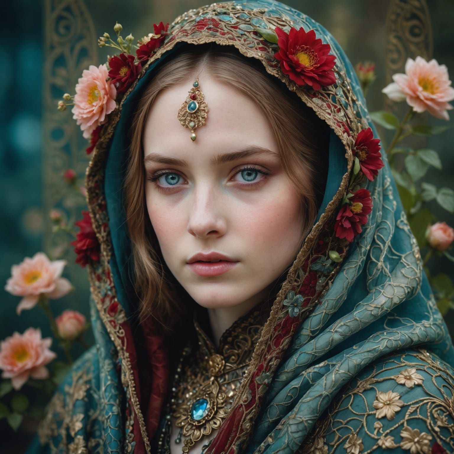 Mystical Veiled Woman Portrait with Blue Eyes