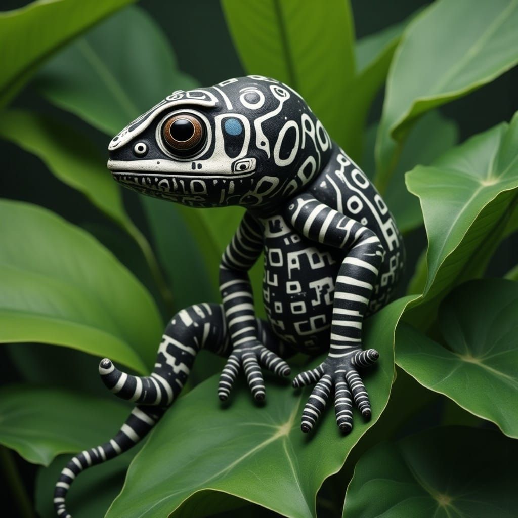 Black and White Chameleon in a Lush Green Environment
