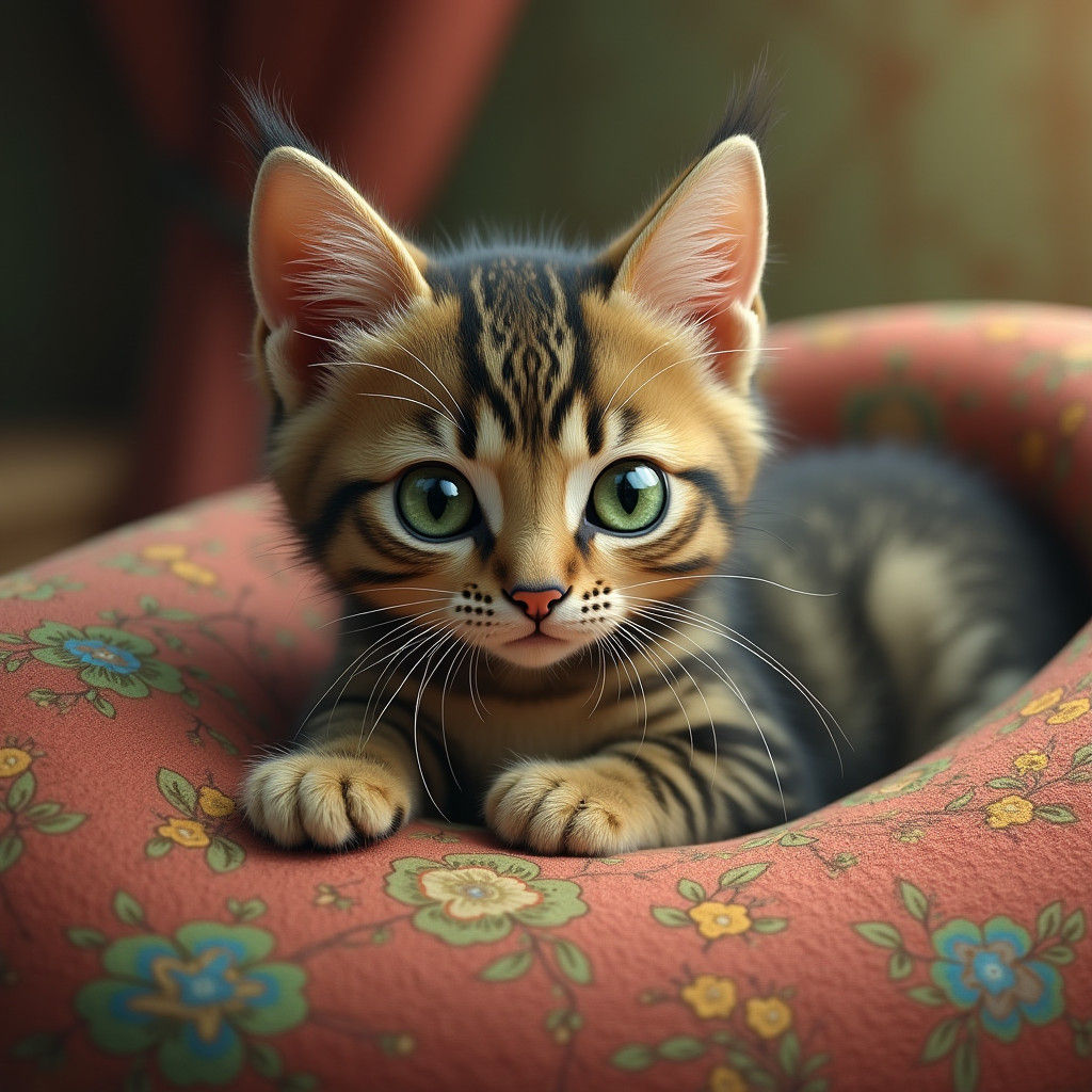 Tabby Cat on Plush Bed, Children's Book Illustration