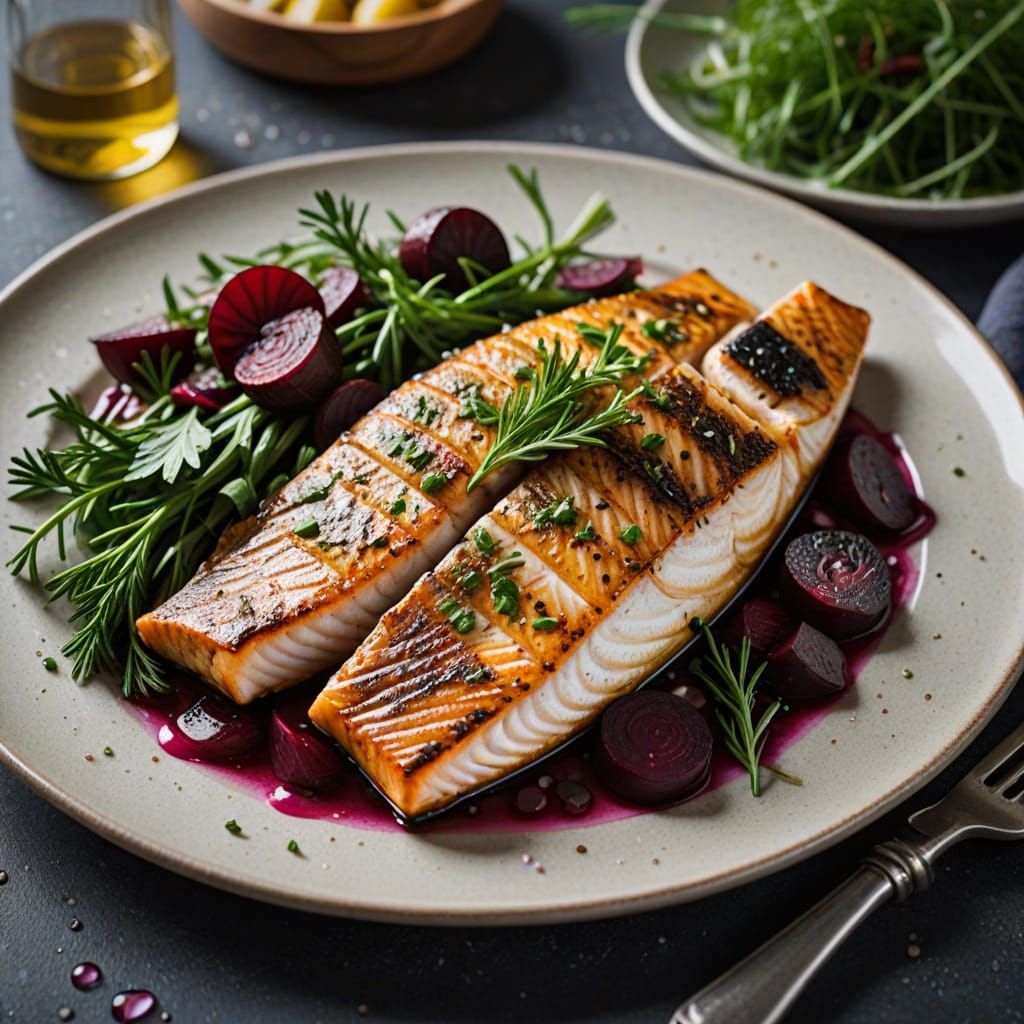 Succulent Grilled Fish with Beetroot Salad in Elegant Modern...