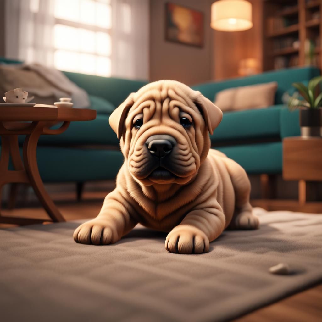 Sad Shar Pei Puppy in Cozy Living Room