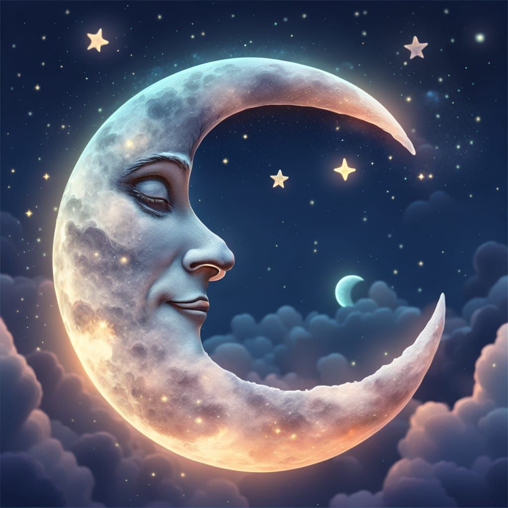 Smiling Moon in Starry Sky: Whimsical 3D Illustration