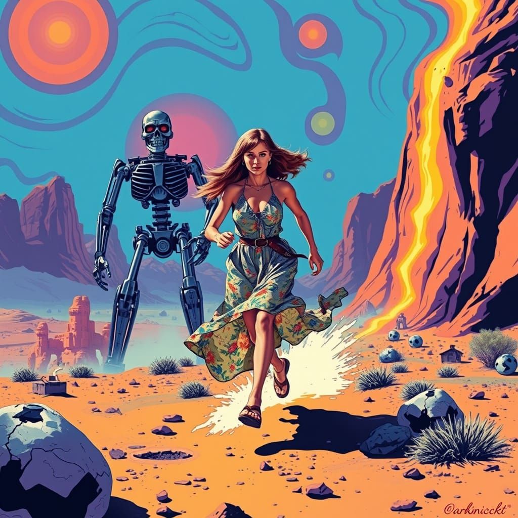 Sarah Conner and Terminator in Psychedelic Wasteland