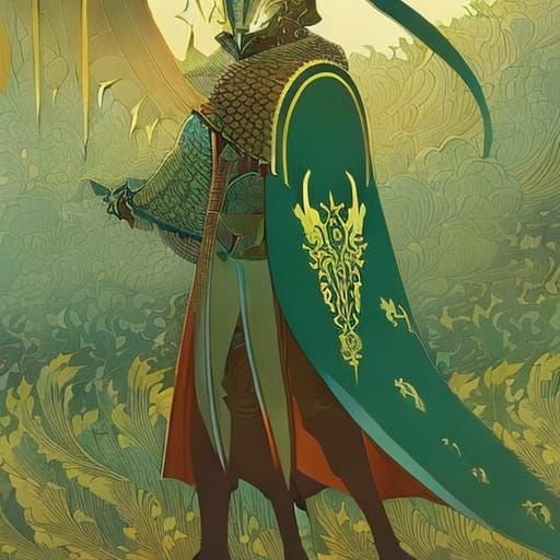 Armored Knight with Spectral Cape in Fantasy Sci-Fi Style