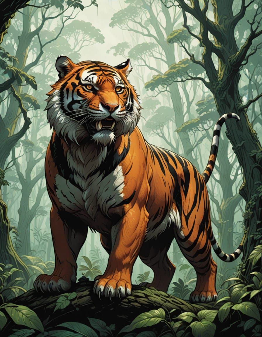 Majestic Sabertoothed Tiger in Prehistoric Forest