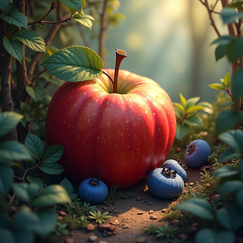 Enchanted Apple and Blueberry in Fantasy Landscape