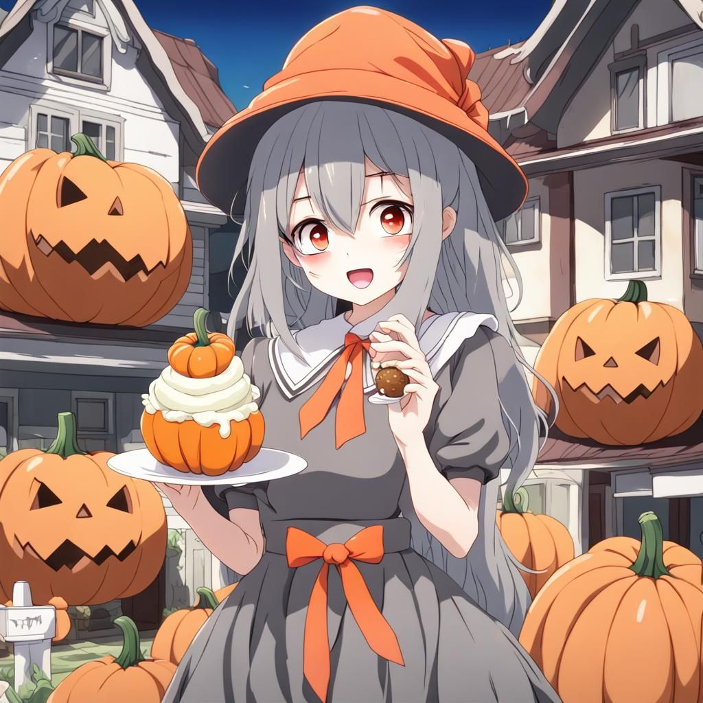 Pumpkin Girl in Front of Pumpkin House, Anime Style