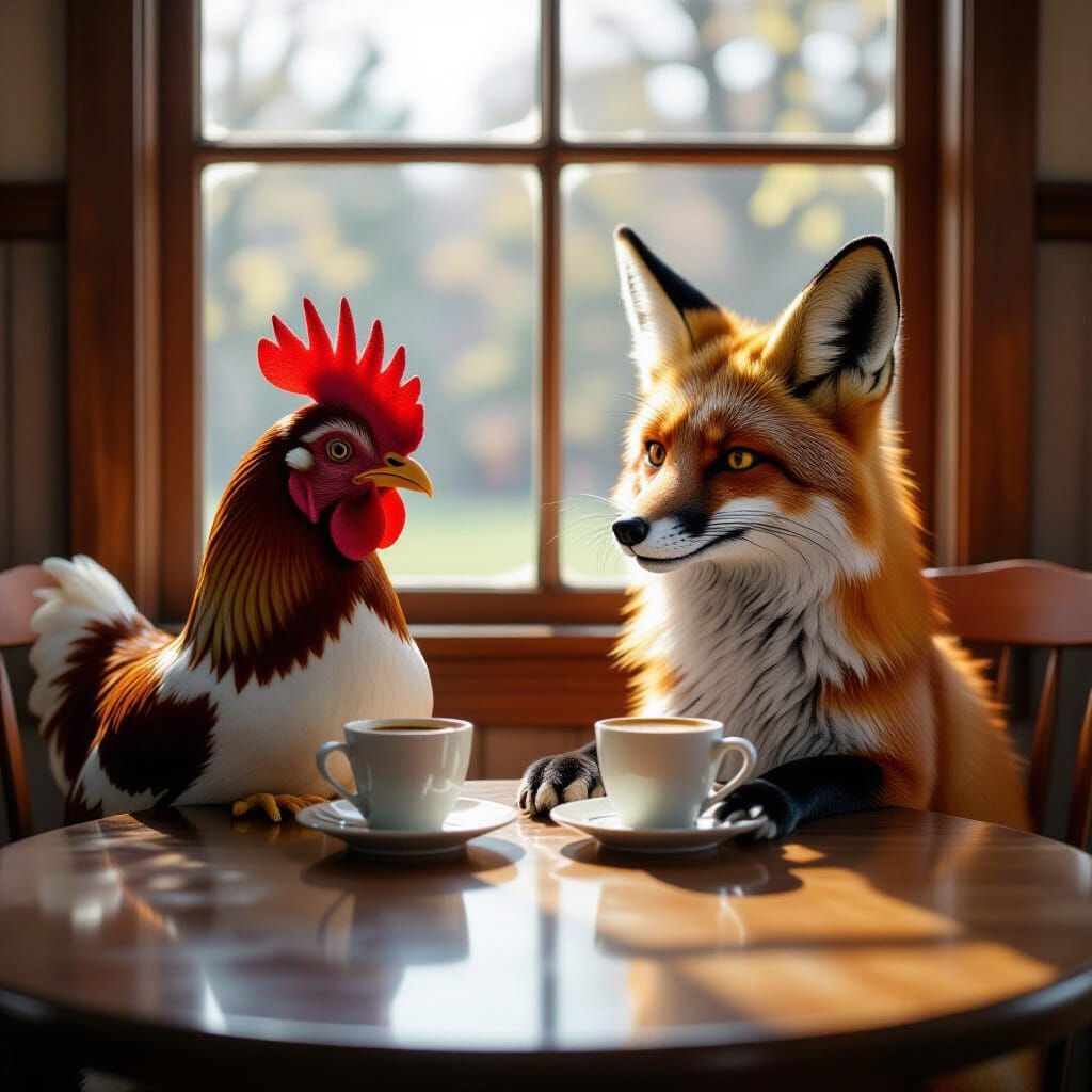 Cartoon Chicken and Fox Share Coffee at Table