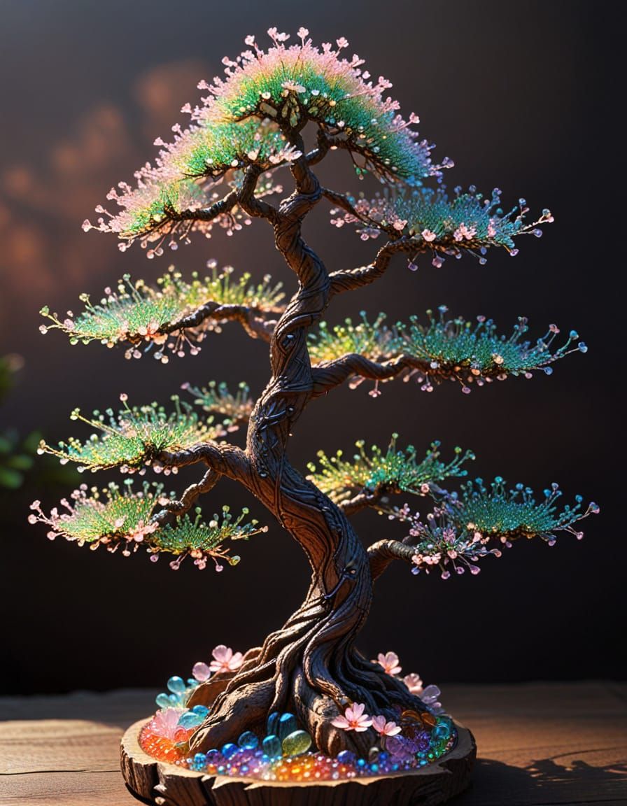 Iridescent Beaded Bonsai Tree at Sunset