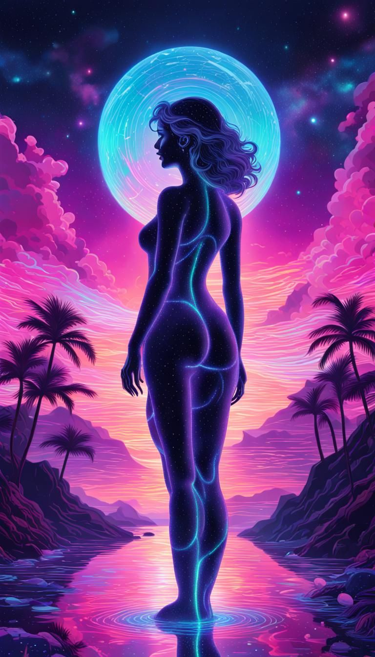Cosmic Woman Silhouette in Vaporwave Style