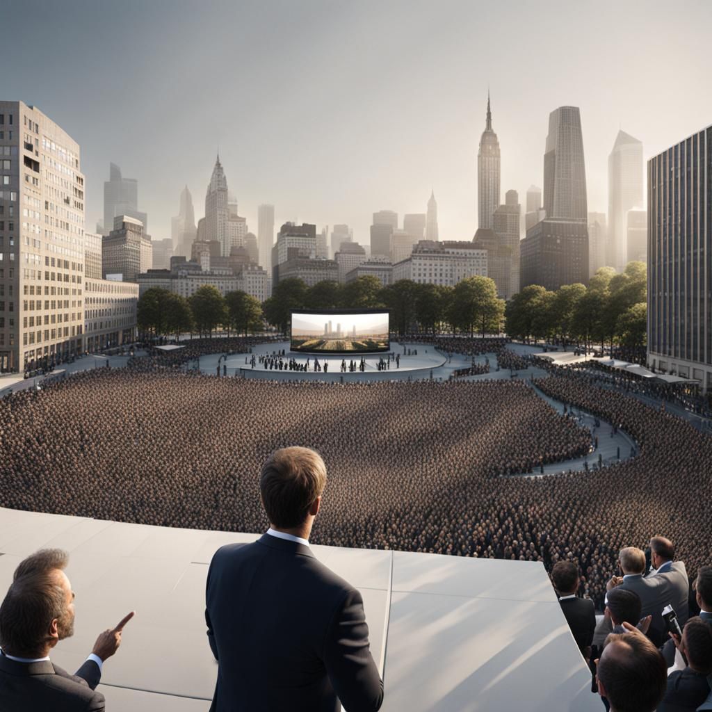 Man Giving Speech in Modern City Square