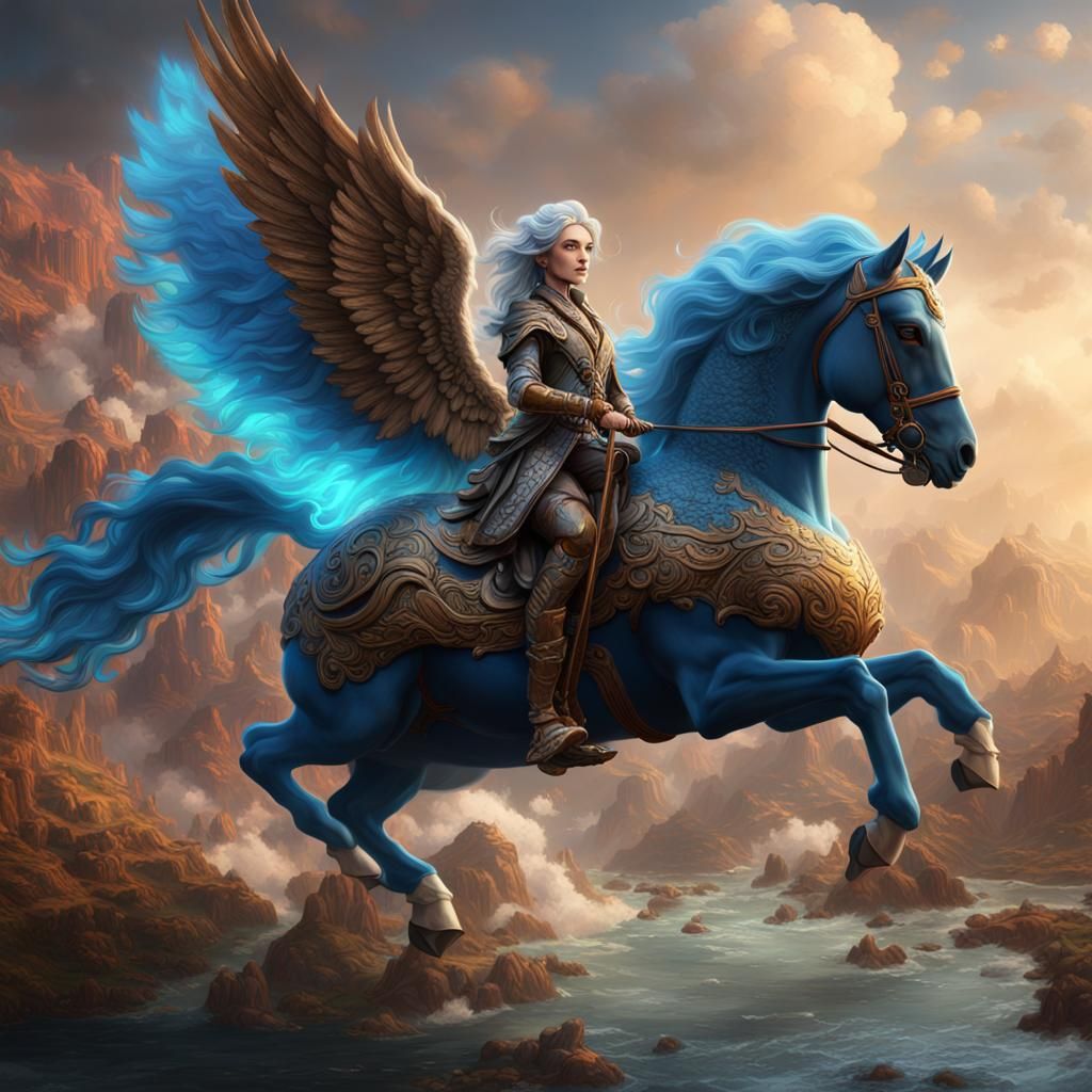 Woman Riding Pegasus in Detailed Fantasy Art