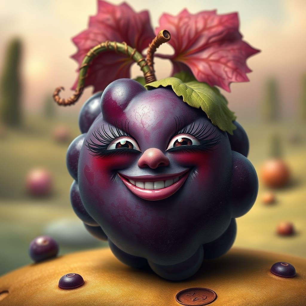 a surreal comical realistic grape with a humanistic face that has a jolly look, and very long eyelashes