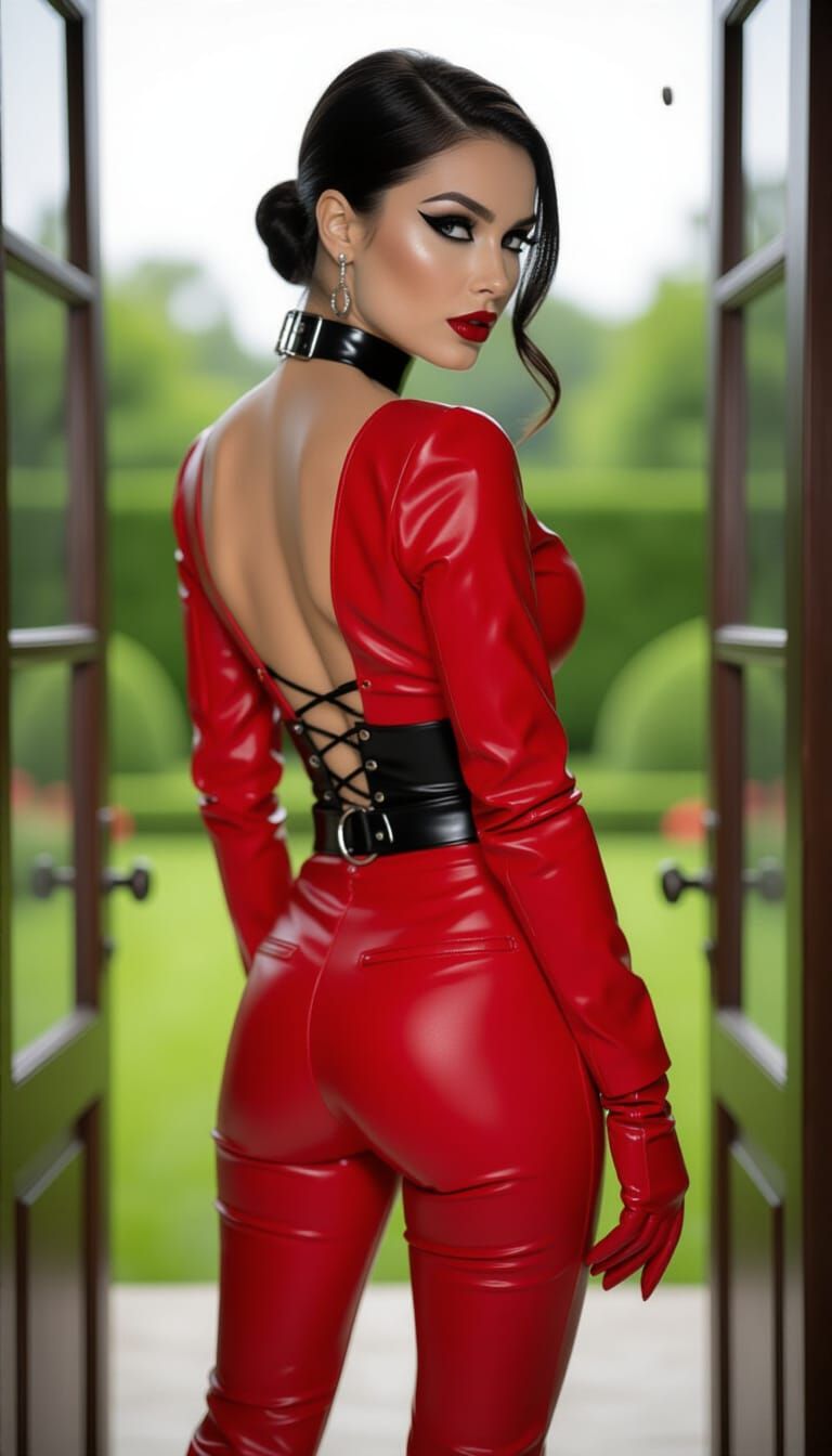 Sultry Woman in Crimson Leather in Garden