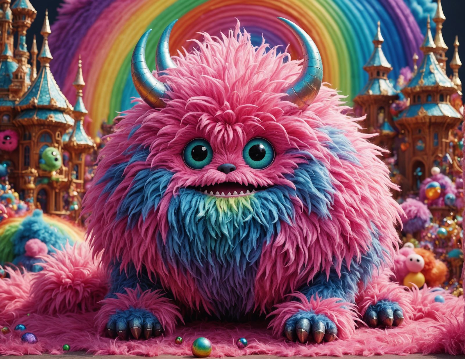 pink floofy monster in rainbow land!