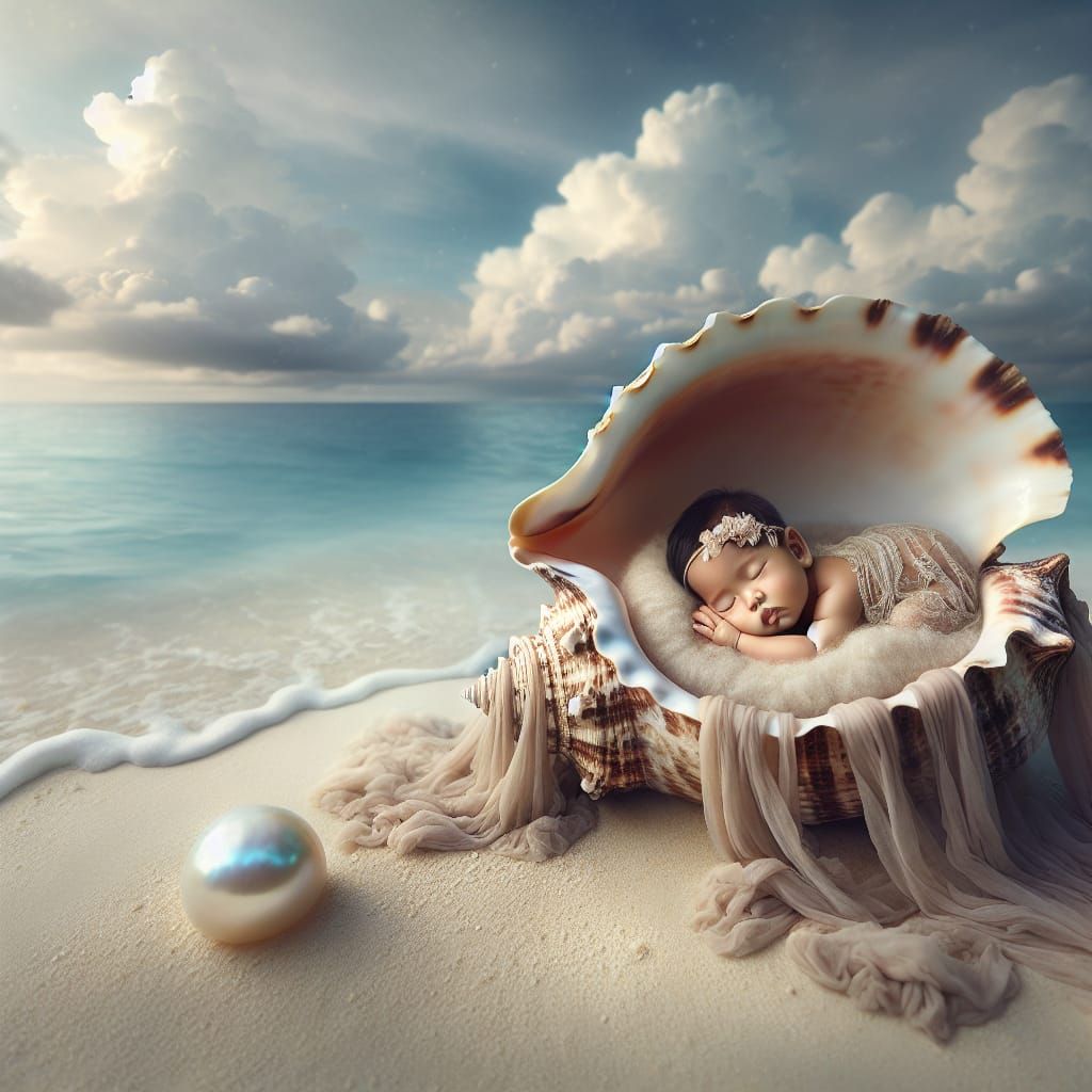 Baby Boy Sleeping in Seashell on Peaceful Beach