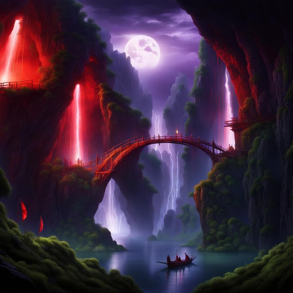 Stormy Landscape with Plasma Energy and Red Moon