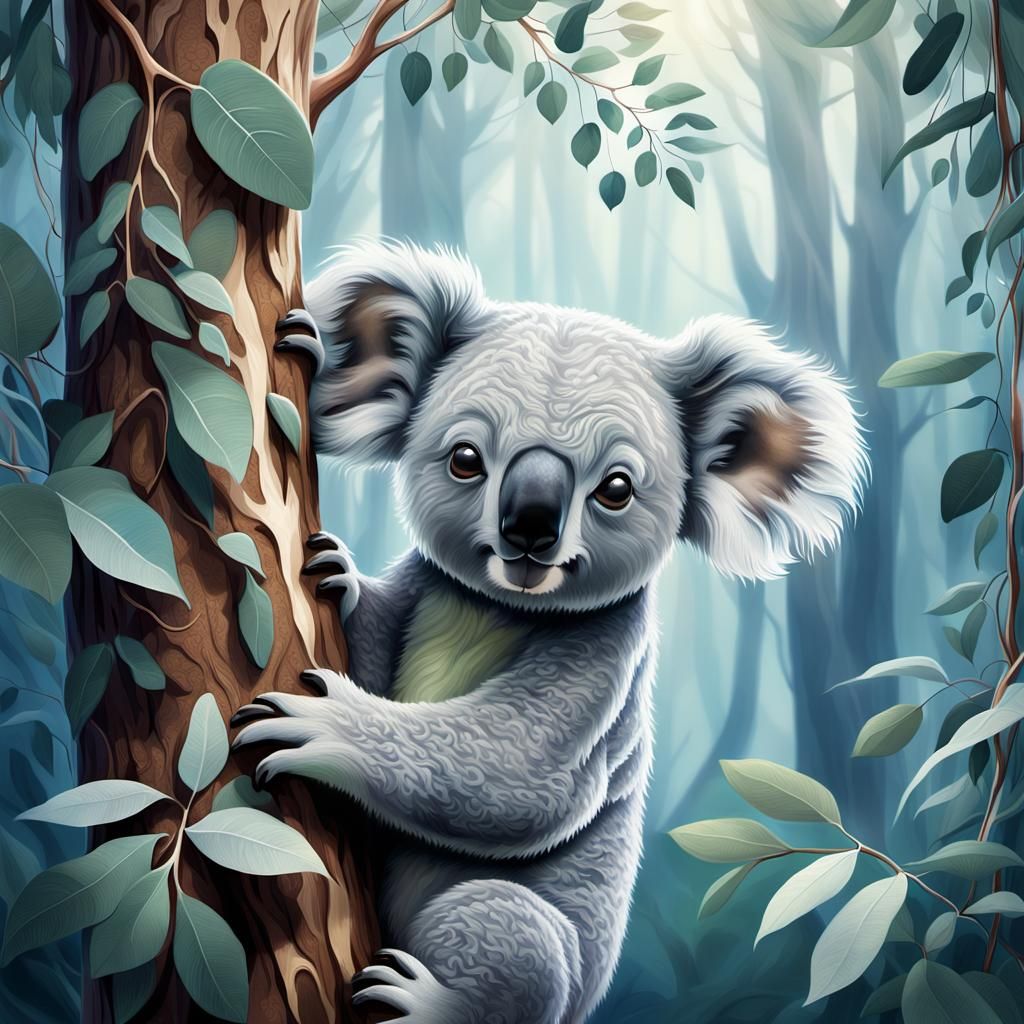 Koala Hugging Eucalyptus in Dreamlike Fantasy Scene