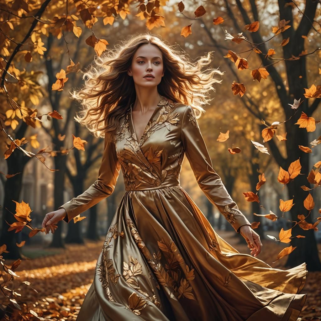 wind blowing beautiful woman dress & blowing leaves, in autu...