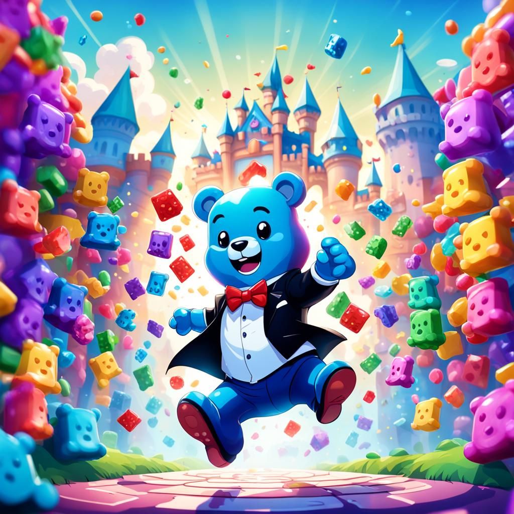 CUTE [GUMMY BEAR WEARING TUXEDO] JUMPING FOR JOY IN AN EPIC VIDEO GAME COVER ART ACTION POSE, WHIMSICAL [CASTLE WORLD] B...
