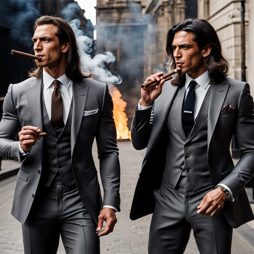 Two Androgynous Men Smoking Cigars in Suits