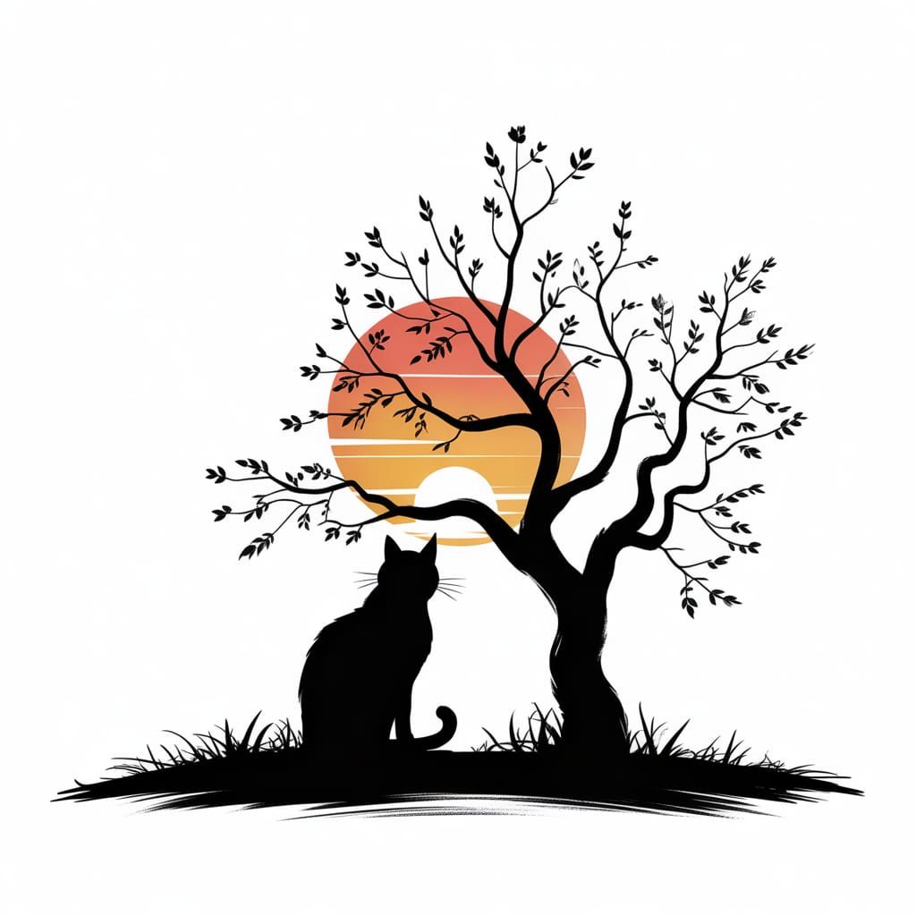 Tree Silhouette With Cat Branches at Sunset